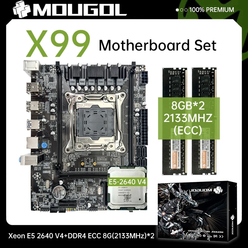 

MOUGOL X99 P4 Motherboard Set with Intel Xeon E5 2640 V4 CPU & DDR4 Dual-channel 8Gx2 2133MHz ECC RAM for Gaming Computer