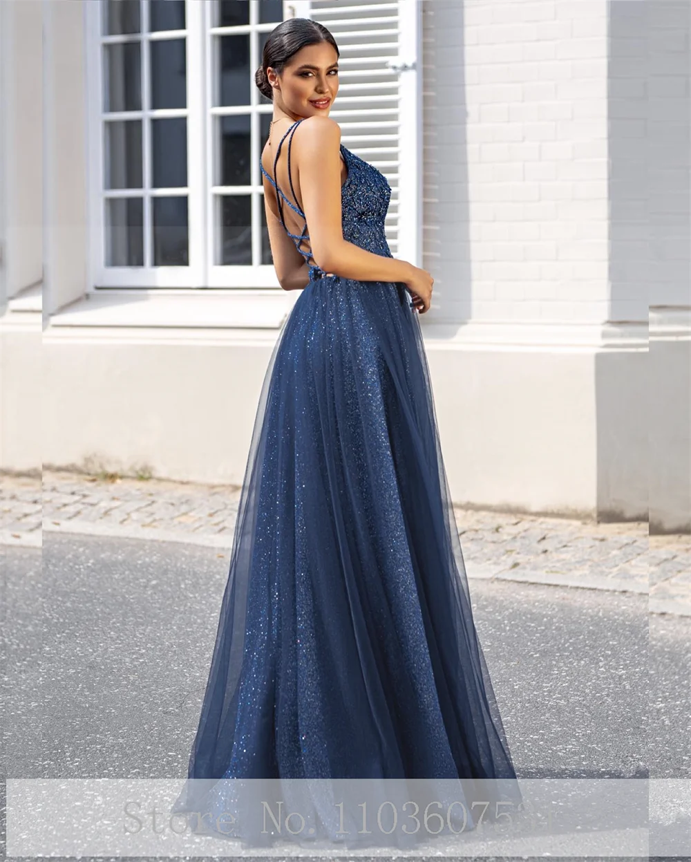 Strapless V-neck Tulle Appliques Side Slit A-line Formal Prom Dress for Women Backless Long Prom Party Gown robe de mariée