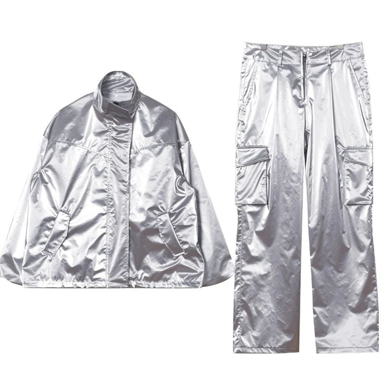 Hip hop jazz dança wear masculino brilhante prata jaqueta manga longa casual terno calças de carga rua dança equipe desempenho outfit 1206