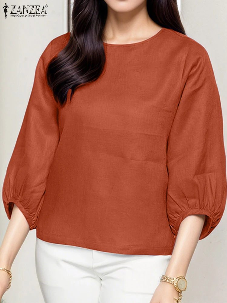

Elegant 3/4 Lantern Sleeve Blouses ZANZEA Women Cotton Tops Summer Solid Shirt Female OL Work Blusas Casual O Neck Loose Chemise