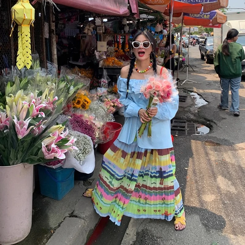 American Vintage Women's Clothing Original Design 2025 Summer A-Line Skirt Splicing Floral Elastic Waist Pleated Skirts Ladies