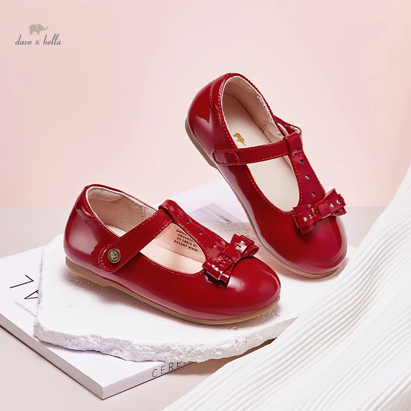 

Dave Bella Wine Red Leather Shoes for Kids Girls Non-slip Casual Leather Shoes for Baby Elegant Party Princess Shoes DB3241626