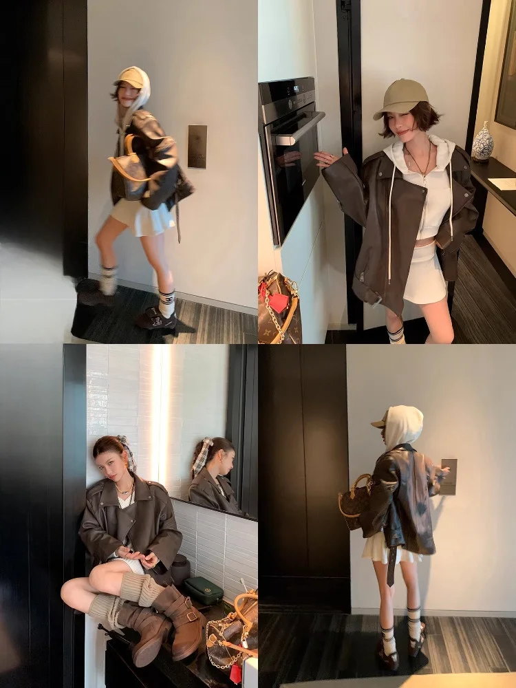 

Cool Sli Women's Biker Jaet Leather Coat Parisian Vibe Commute Sle Loose Fit Long Sve Zipper Closure Collar