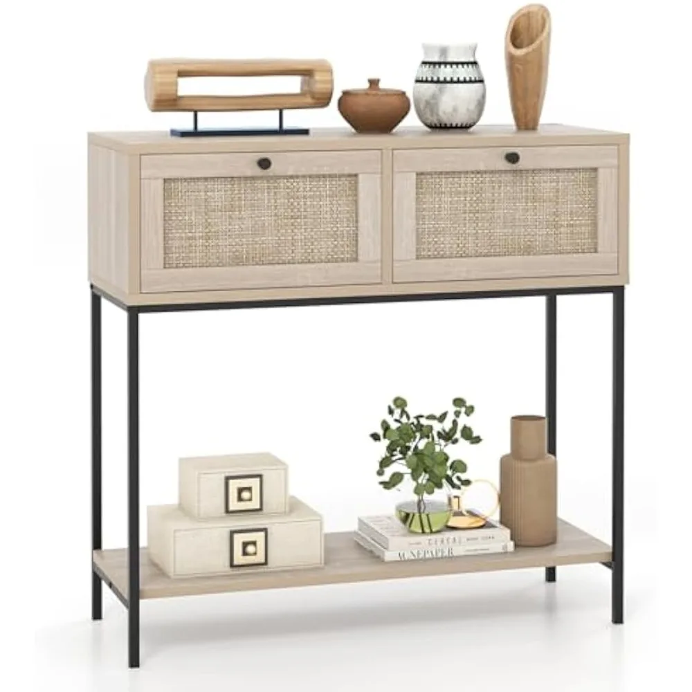 

Console Table with Rattan Drawers - 31.5" Entryway Table w/ 2 Drawers & Open Storage Shelf, Metal Frame