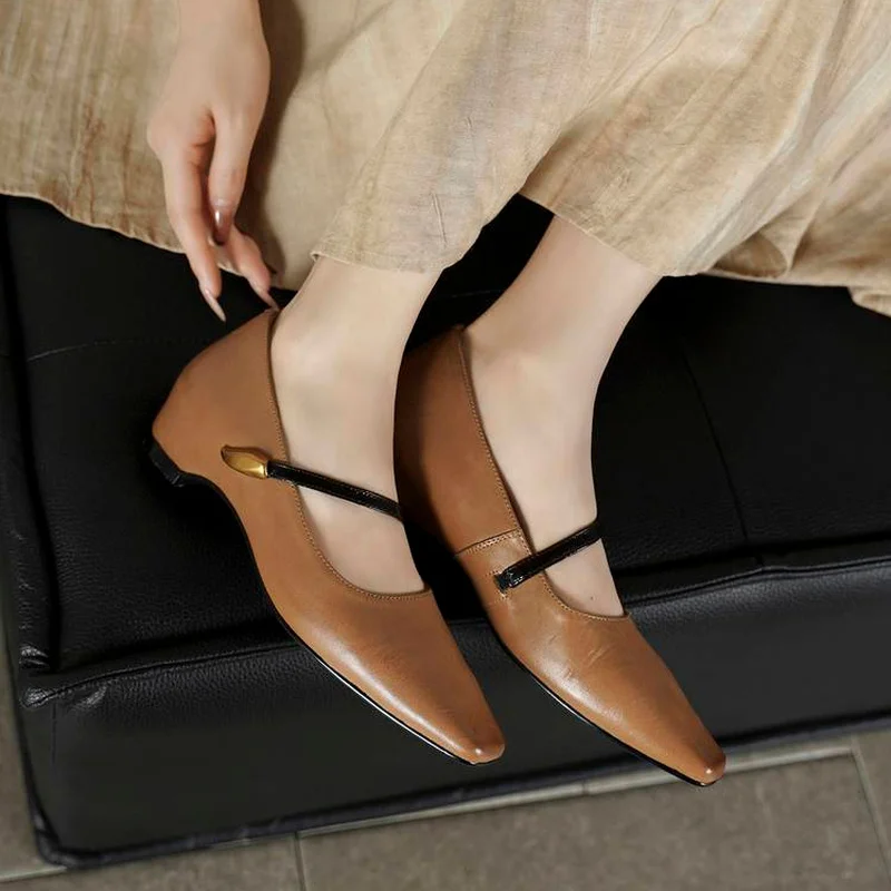 Black Red Camel Round Toe Mary Jane Hidden 4cm Mid Heel Full Grain Leather Non-slip Bean Sole Daily Handmade Women Flats F149 view 5