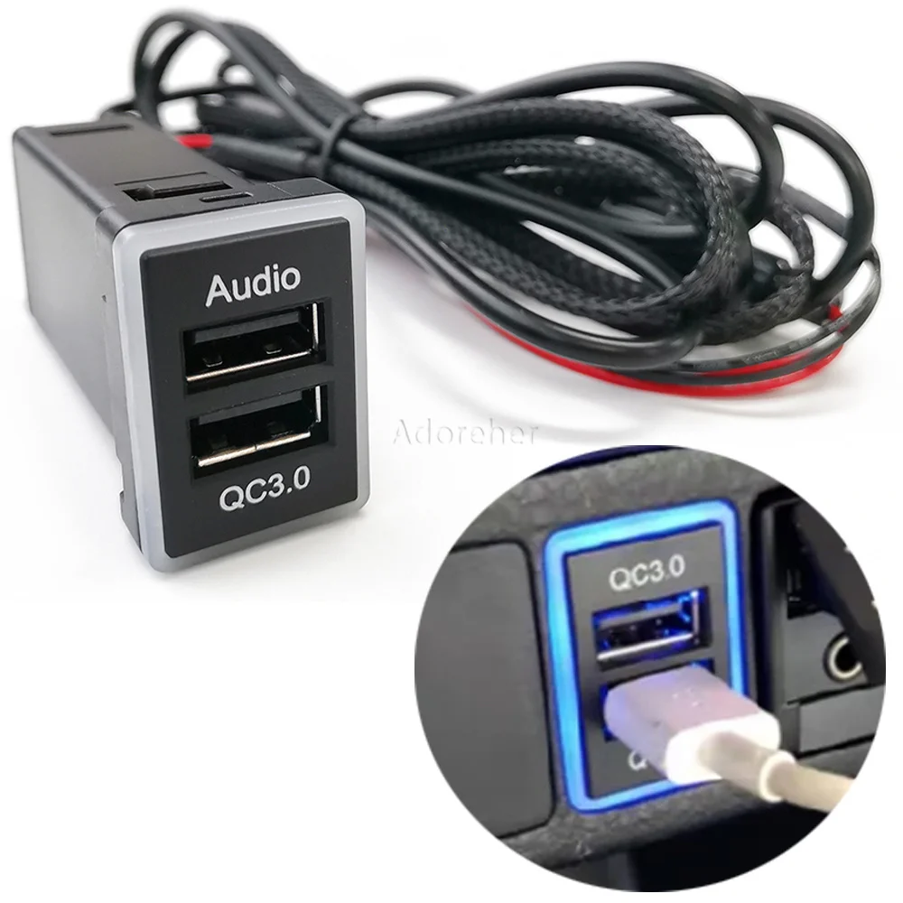 Car Dual Port QC3.0 USB AUX Audio Adapter Socket Blue LED Light for Toyota Prado Camry Prius Corolla Yaris Interface Part