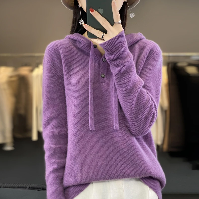 100% Wool Soft Sweater Women\'s Autumn Winter Long-sleeved Hooded Collar Pullover Solid Loose Thick Bottoming Warm Shirt Top