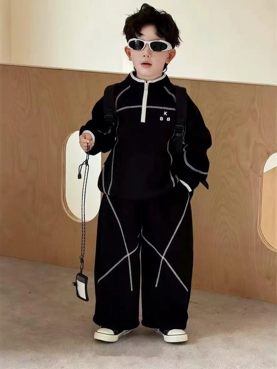 casual-fashionable-boys'-clothing-set-korean-style-stand-collar-spring-autumn-kids'-outfit-cotton-blend-fabric-breathable