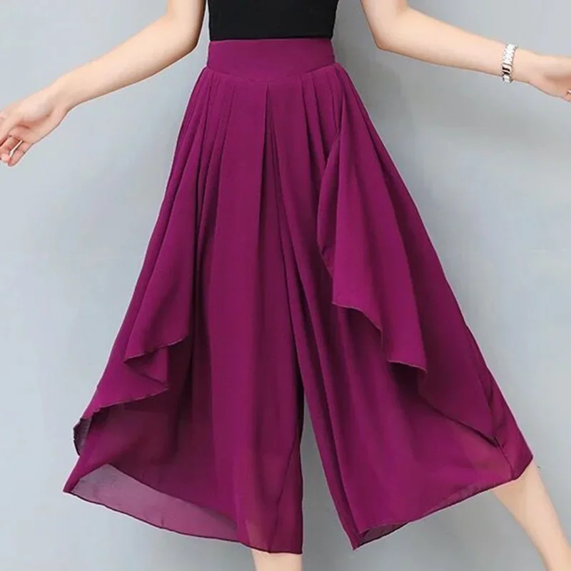 

Элегантные однотонные свободные эластичные капри с высокой талией и оборками, новые женские повседневные брюки нестандартной формы для офиса и женщин