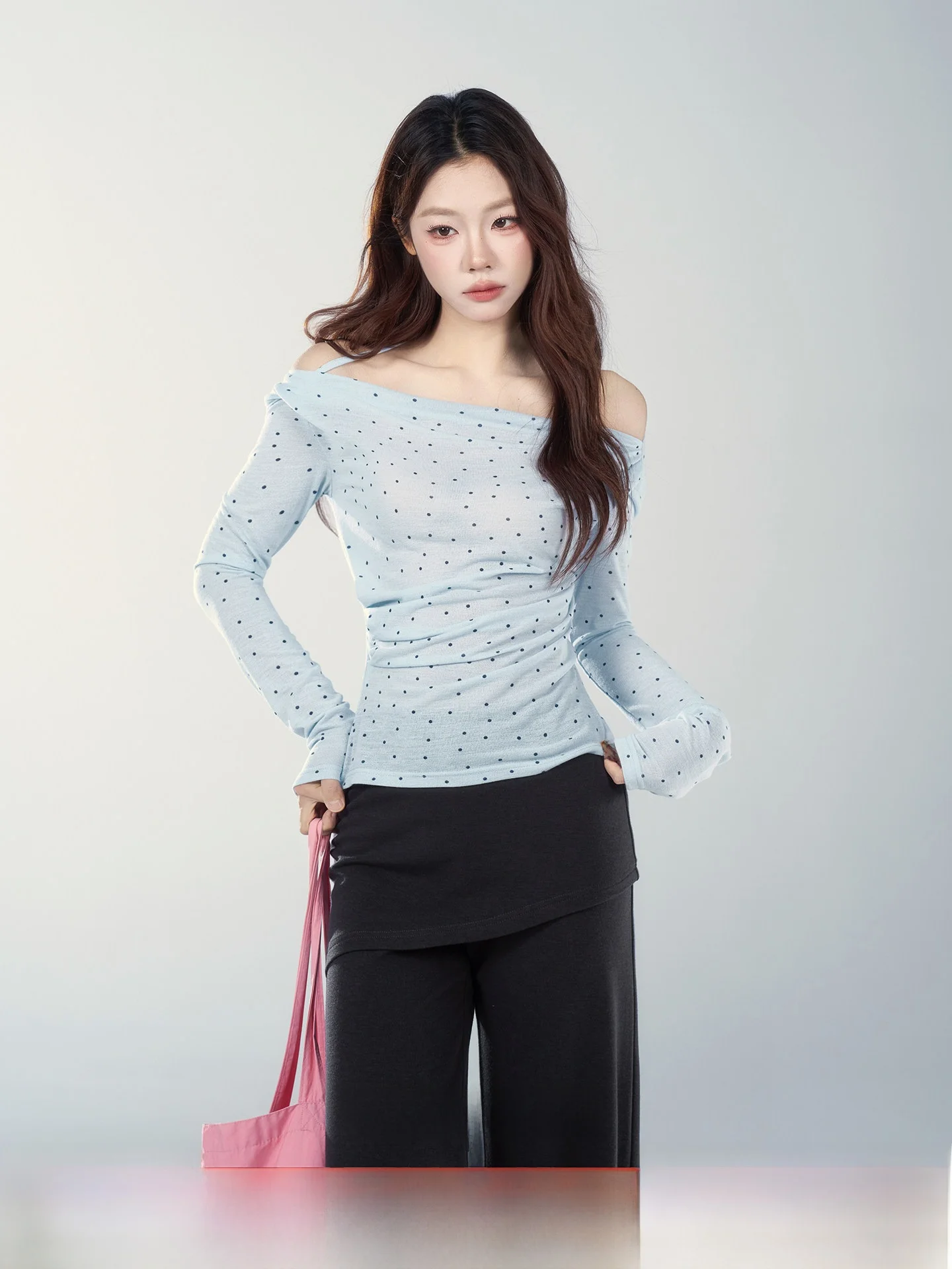 

Spring 2026 Women's Slim Fit Knitted off oulder Dot Pattern Top Korean Sle Commute Wind Long Sve Regular Length