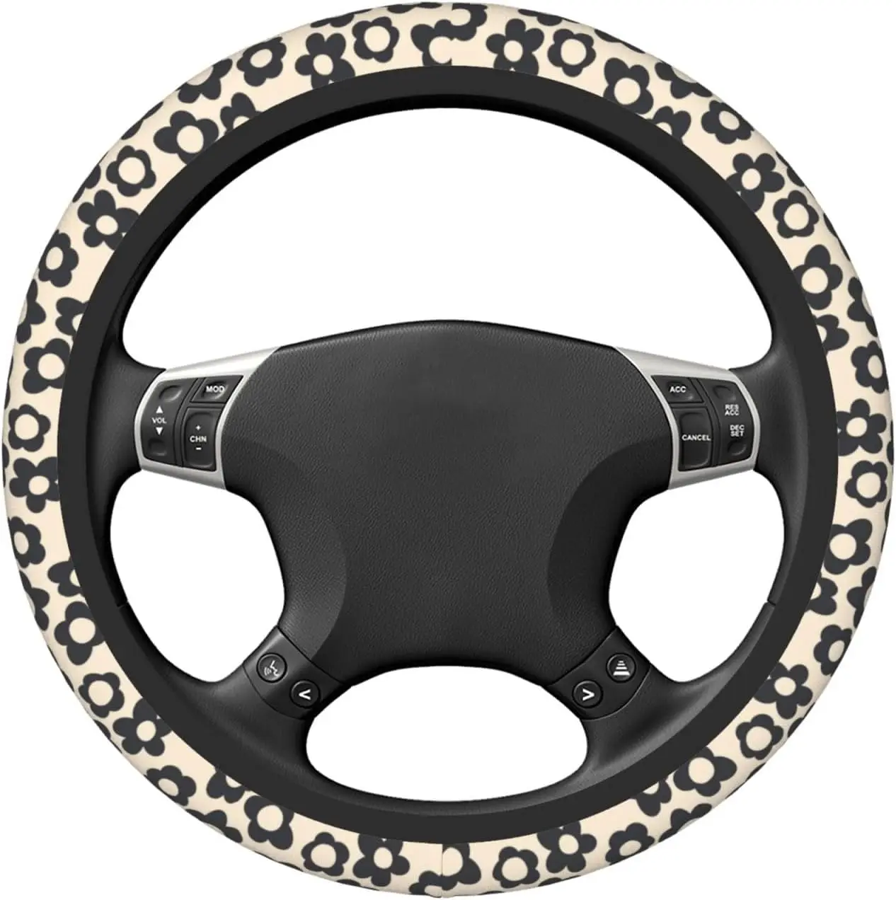 Vintage Groovy Flower Boho Floral Steering Wheel Cover for Women Men Girls Car Accessories Decor Anti-Slip Neoprene Auto Steerin