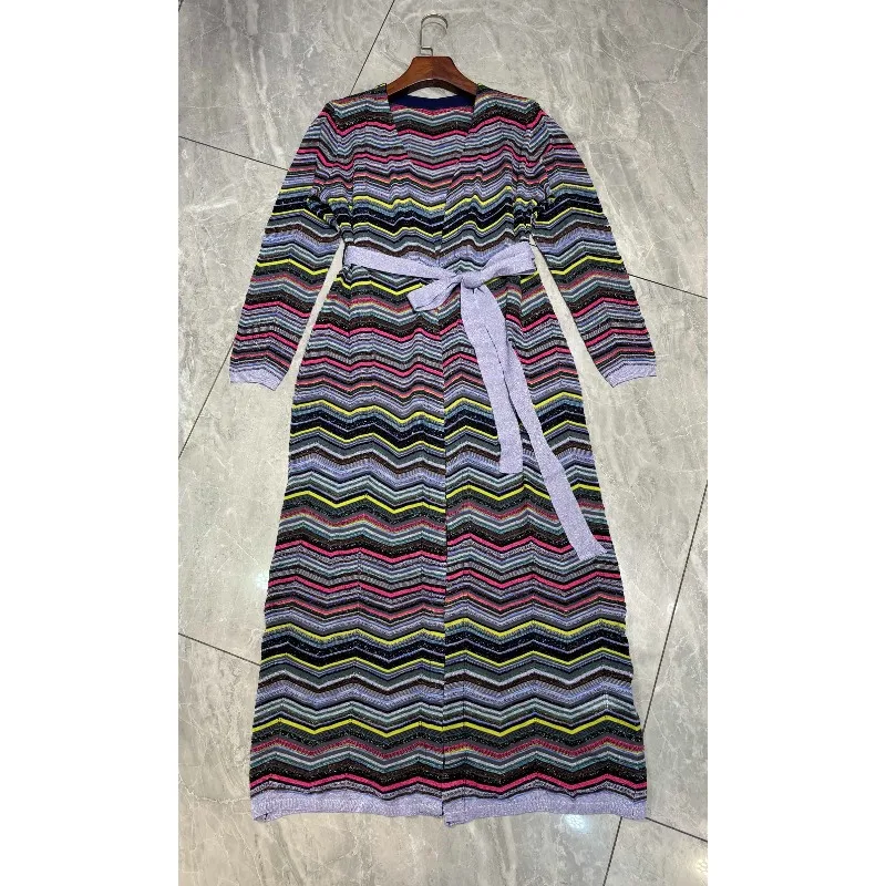 Metallic Striped Knitted Mid-Length Trench Women 2026 Autumn New Bohemian Deep V-Neck Elegant Fashion Long Sleeve Long Coat