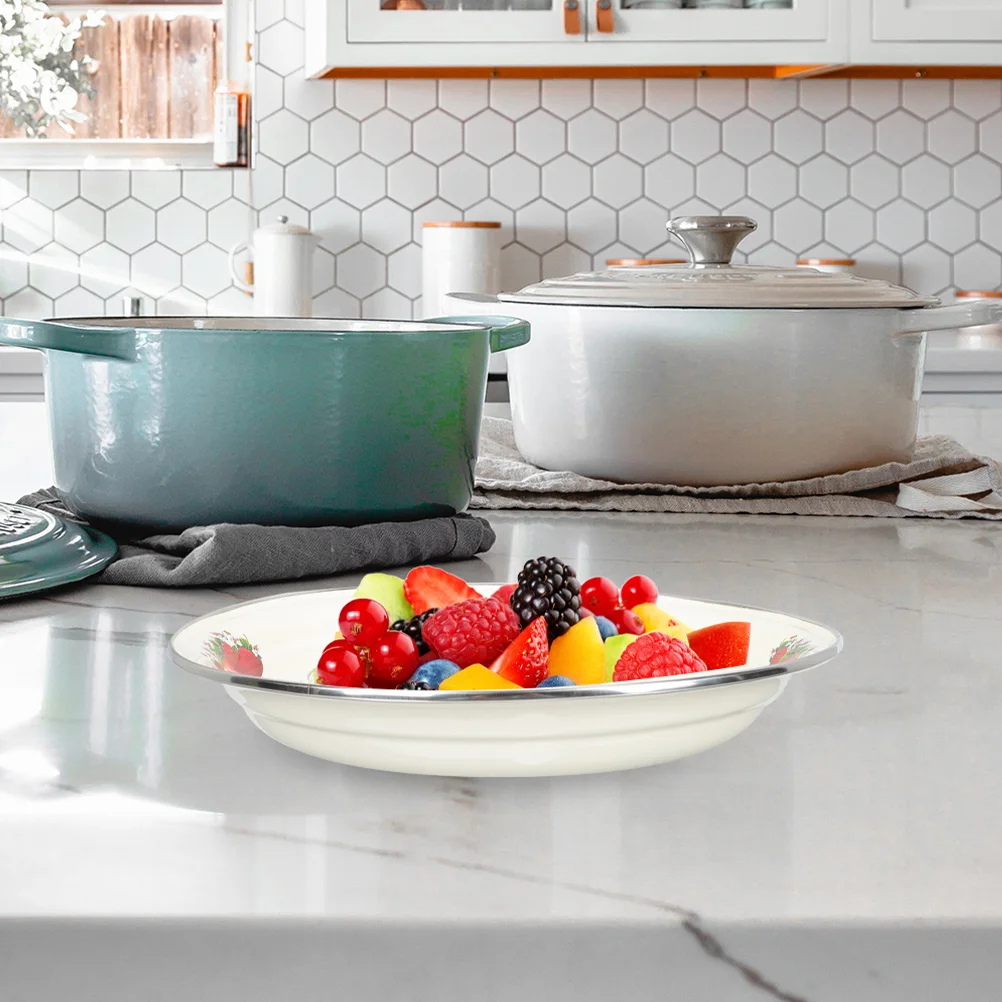 

Vintage Enamel Plate Round Snack Serving Tray for Home Tea Fruit Storage Decorative Kitchen Dining Camping Use