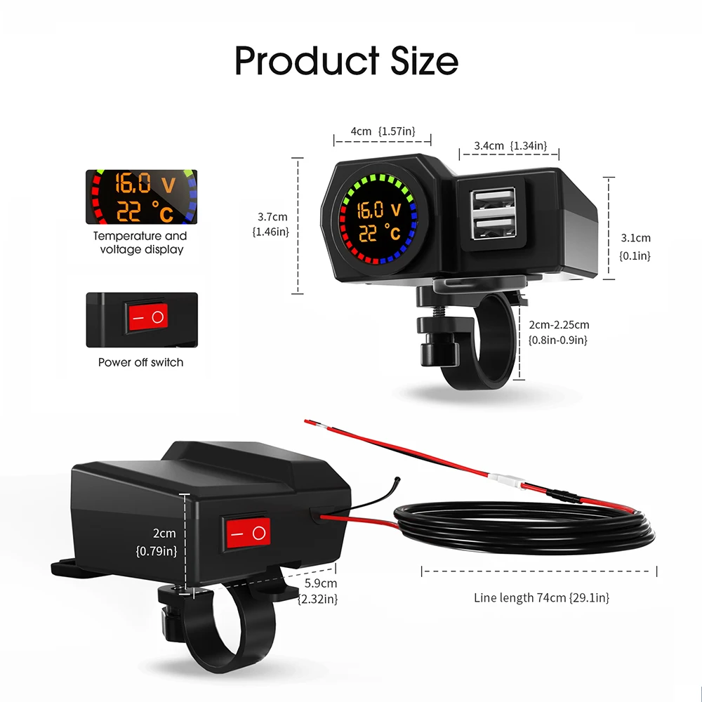 Chargeur USB Type C pour Moto Touriste, 12-24V, QC3.0, Charge Rapide, Voltmètre Therye.com, Affichage Numérique, 3.4A, Prise de Chargeur de Téléphone