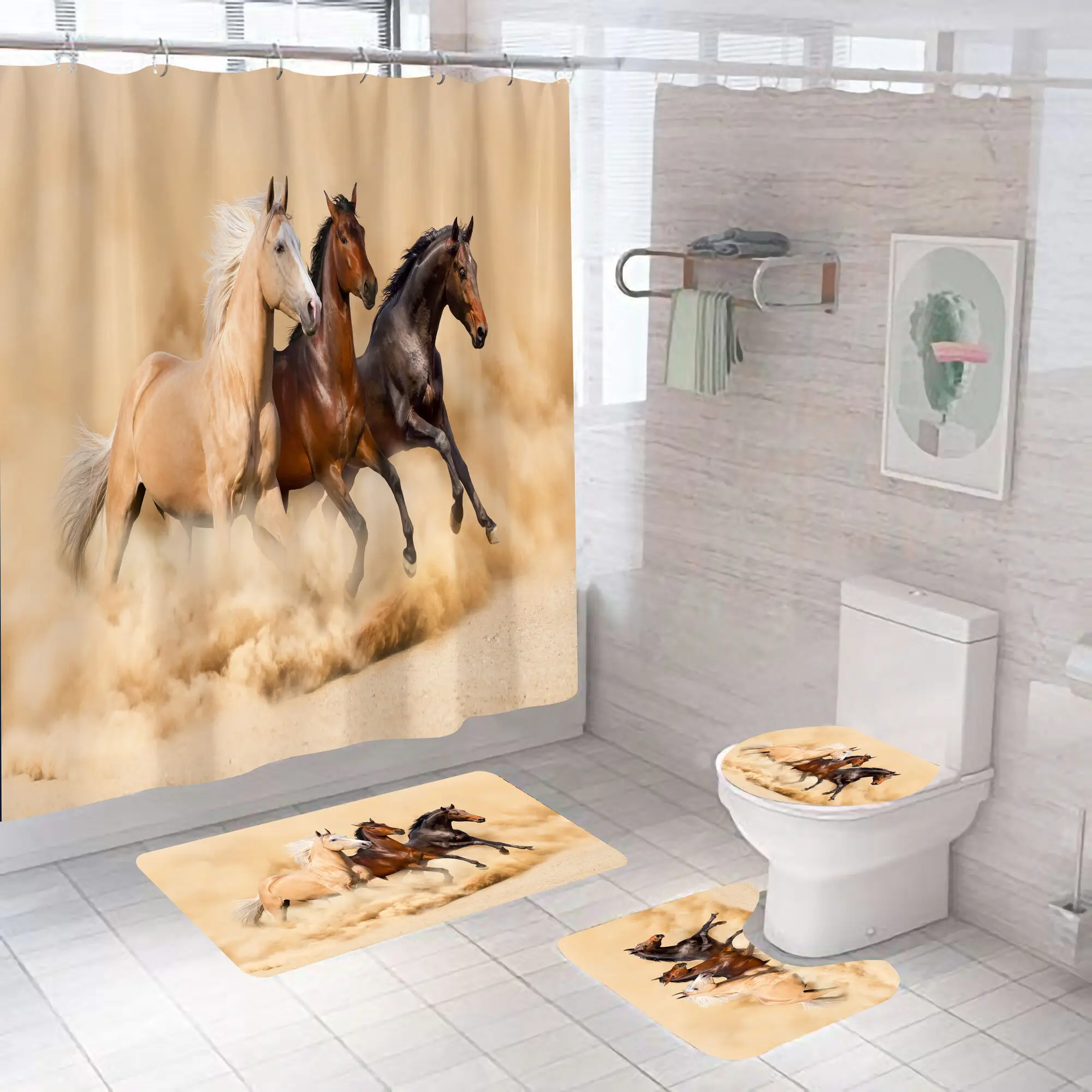 Horse Running Shower Curtains Bathroom Decor Aniaml Printed Waterproof Polyester Fabric Home Bath Bathtub Curtain Set With Hooks