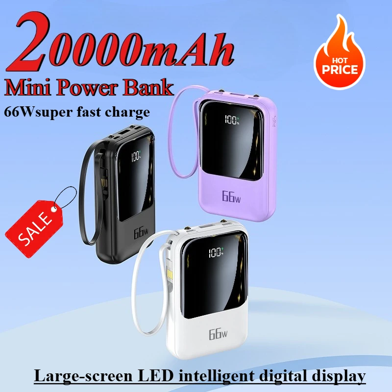 20000mAh 66W Super Fast Charging Large Capacity with Cable Mini Small Power Bank Suitable for IPhone Huawei Xiaomi Samsung