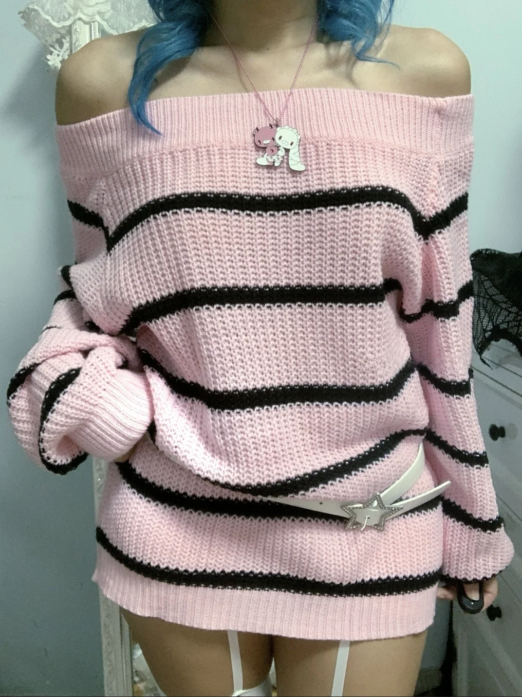 

Розовый полосатый свитер Dr Y2K Subculture на одно плечо Long Sve Top ball Sle Полиэфирное волокно Осенняя коллекция