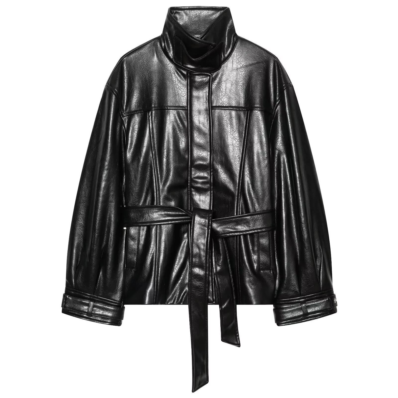 Autumn new women's clothing style simple and fashionable long sleeved loose faux leather coated stand up collar jacket