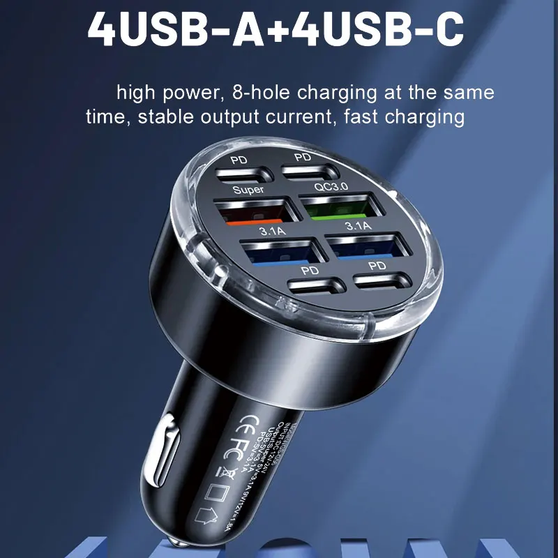 8 Ports Car Charger Fast Charging PD QC3.0 USB C Car Phone Charger Type C Adapter in Car For iPhone For Samsung etc