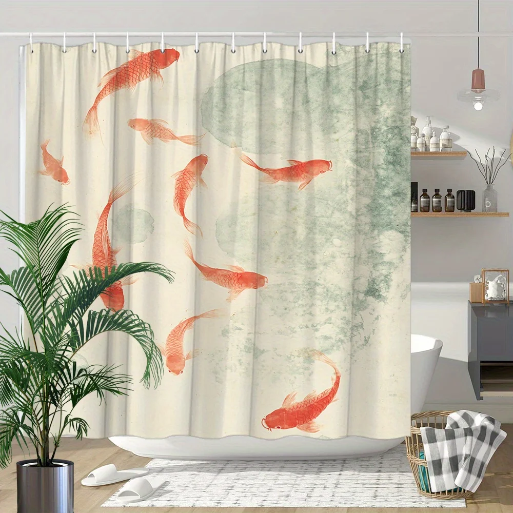 Red Koi Fish Swimming Shower Curtain, Minimalist Watercolor Design on Soft Off-White Background, Serene Elegance Bathroom