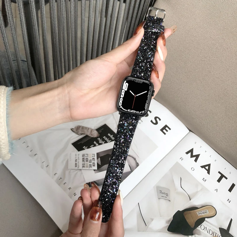 Leather Band for Apple Watch 38mm 40mm Women Bling Diamond 42 41mm 44 45mm 49mm Shiny Glitter Strap IWatch Series 8 7 6 5 4 3 2