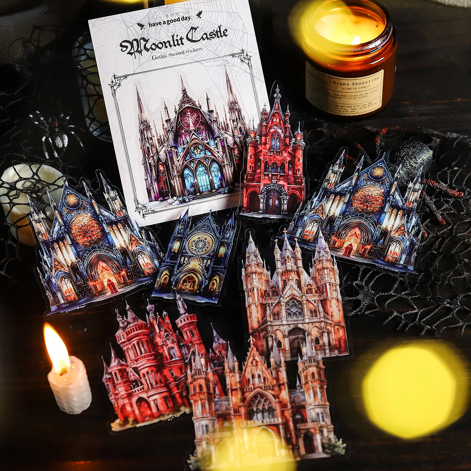 Journal GO 10pcs Moonlight City Vintage Gothic Castle Stickers Landscaping Material Collage PET Sticker Creative DIY Journal