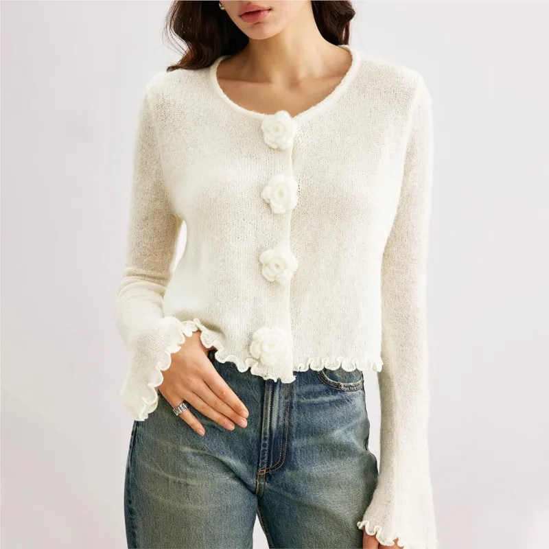 

Three Dimensional Flower Slim Fit Mushroom Edge Pullover Sweater For Autumn Winter New Women's Knitted Sweater Round Neck Top