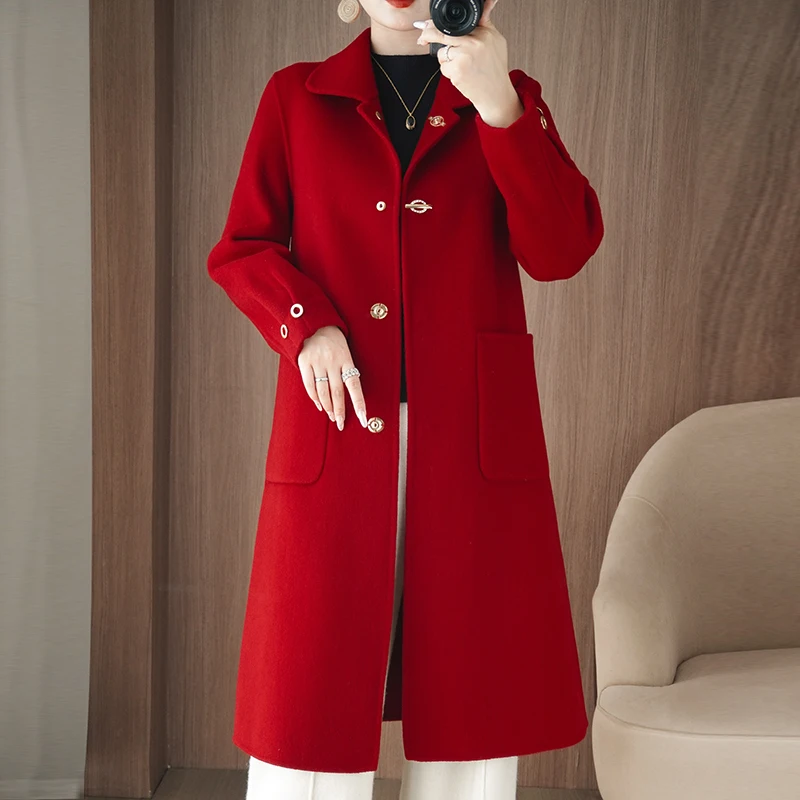 Manteau Long en laine Pure 100% pour femme, ample, Double face, décontracté, grande poche, couleur unie, vêtements pour femmes, automne et hiver