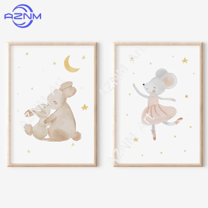 2D Flat Fun Wall Art Decoration Set Ballerina Little Mouse Rabbit Poster Frameless Canvas Printing for Room Decoration