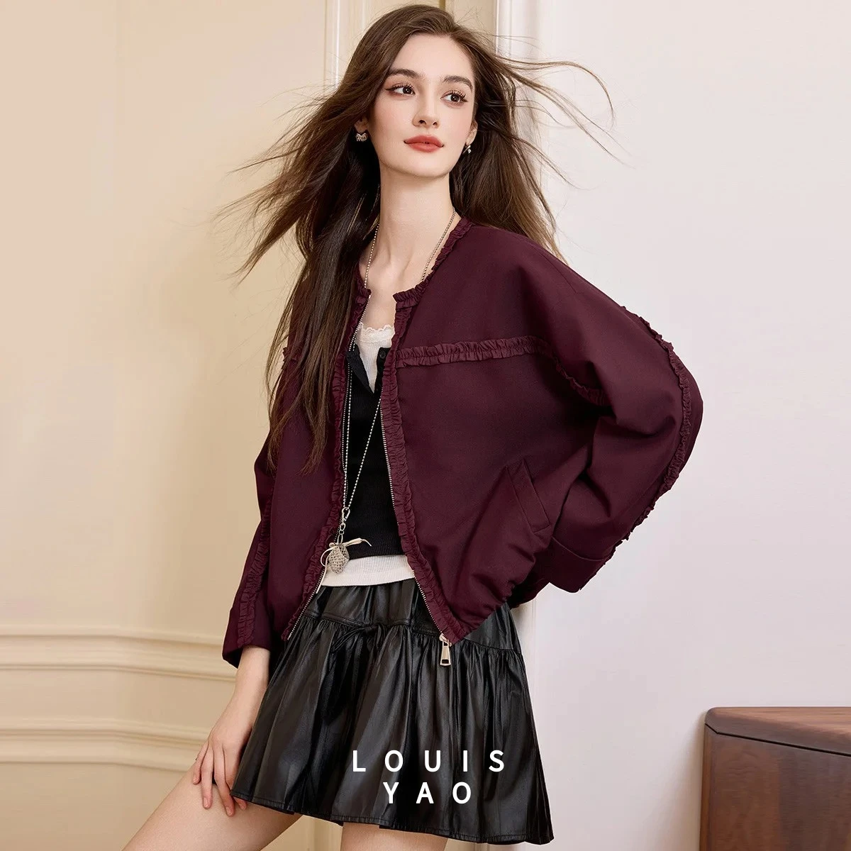 

LOUISYAO England Style Ruffled Cardigan 2025 Autumn Women Casual Round Neck Contrast Color Decor Jacket Top
