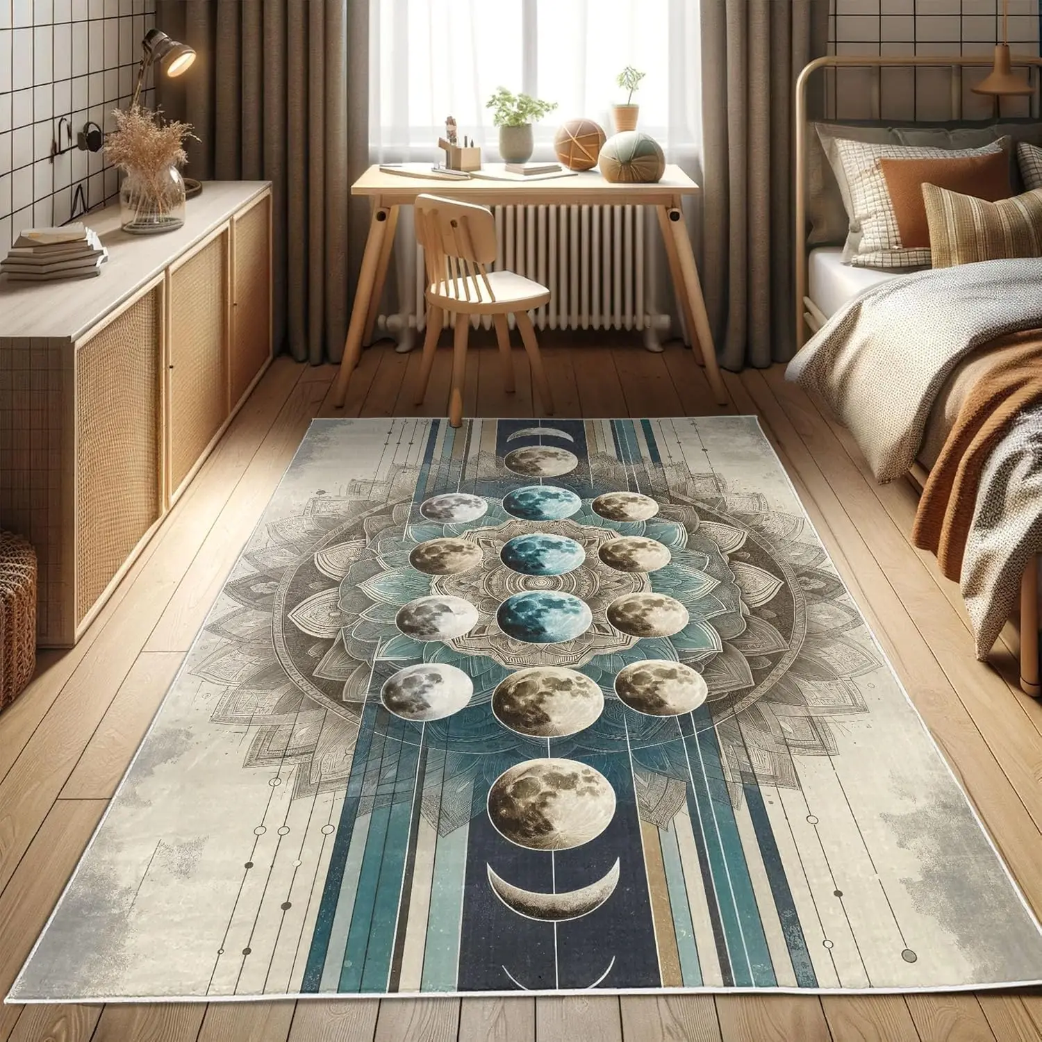 Lunar Art Decorative Rug, Oriental Bohemian Mandala with Moon Phase and Abstract Lines Modern, Quality Carpet for Bedroom Dorm