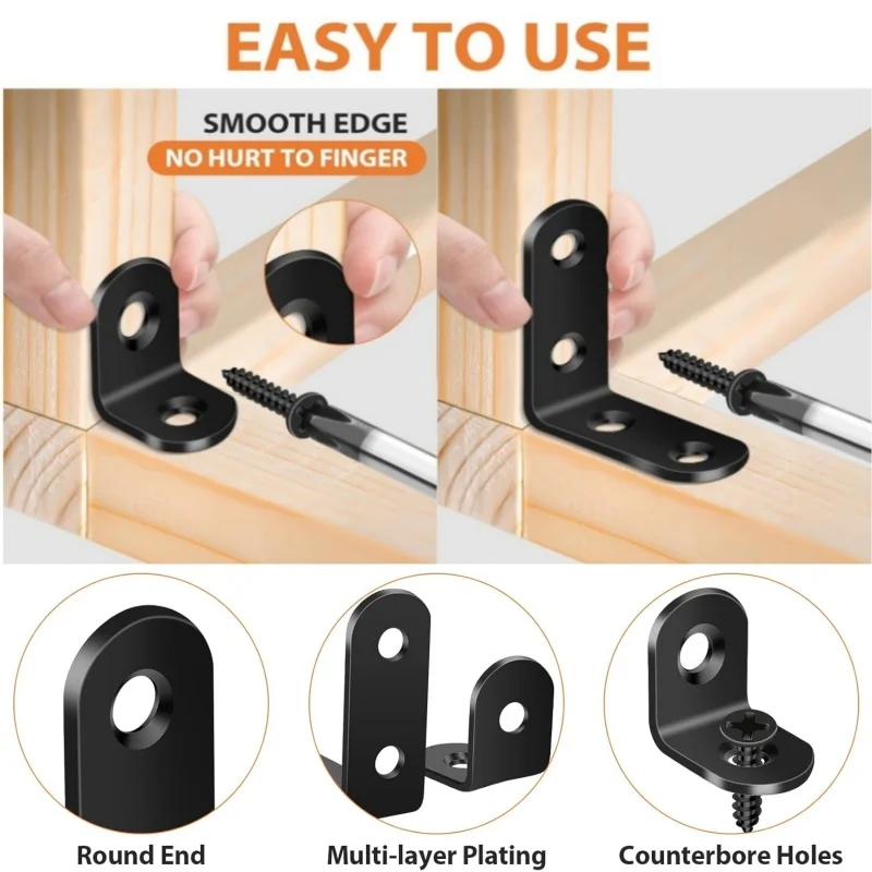 30/50pcs Black Stainless Steel L Brackets with Screw 90° Right Angle Corner Brace for Shelve,Wood Furniture,Chair,Drawer,Cabinet