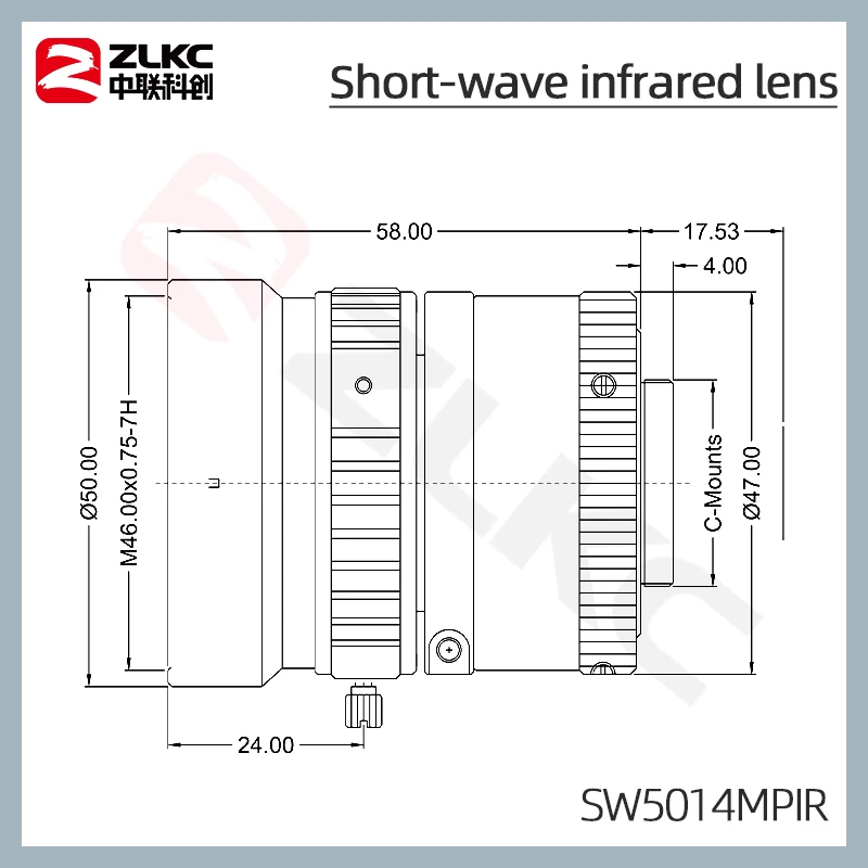 50mm SWIR Lens 750-100nm Short Wave Infrared NIR Lens 2/3'' C-Mount F1.4 Lens Machine Vision Cameras 5MP Industrial Lens