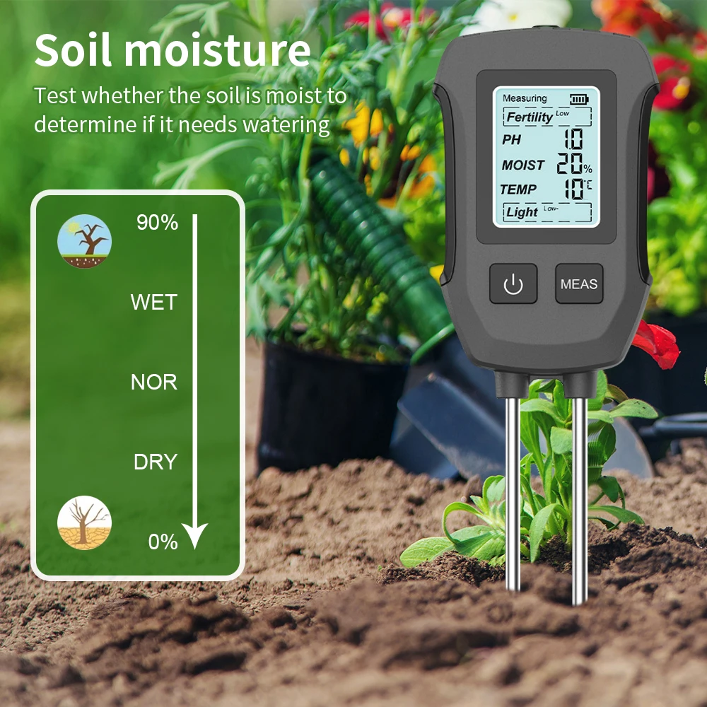 Dual-เข็มเครื่องทดสอบดิน 3/5 in 1 Soil PH Meter Multifunctional Fertility/ความชื้น/PH/อุณหภูมิ/แสงแดดเครื่องตรวจจับ Backlight