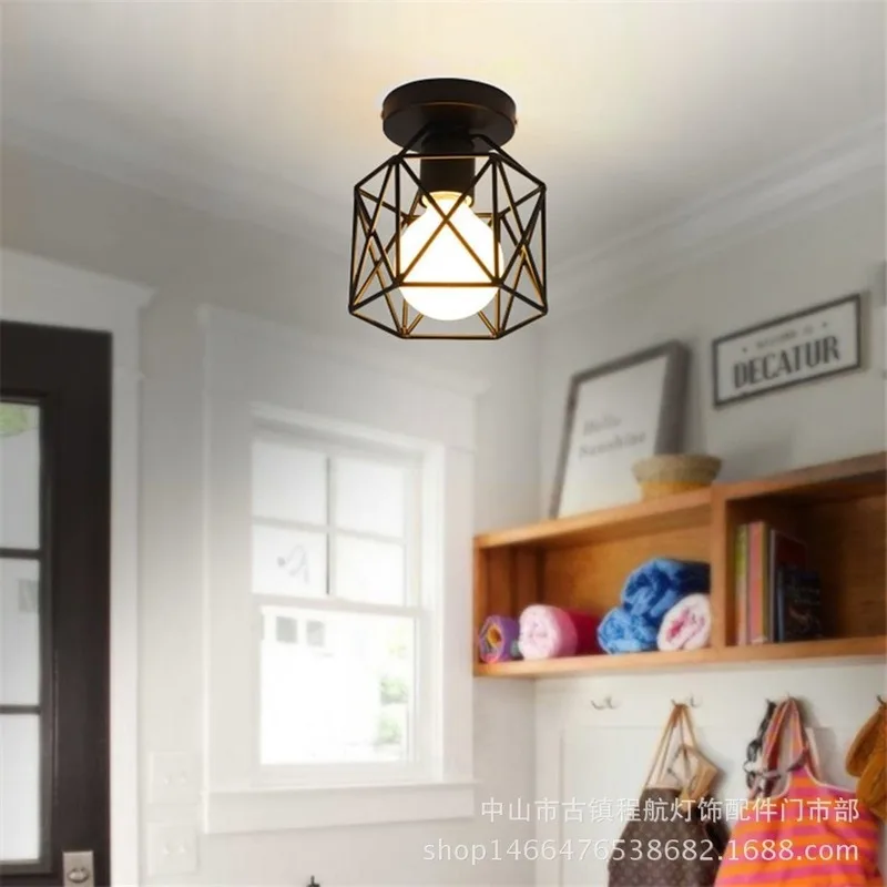 Industrial Ceiling Lamp Shade Fixture For Hallway Entrance Aisle Porch Square Diamond Iron Chandelier Pendant Light