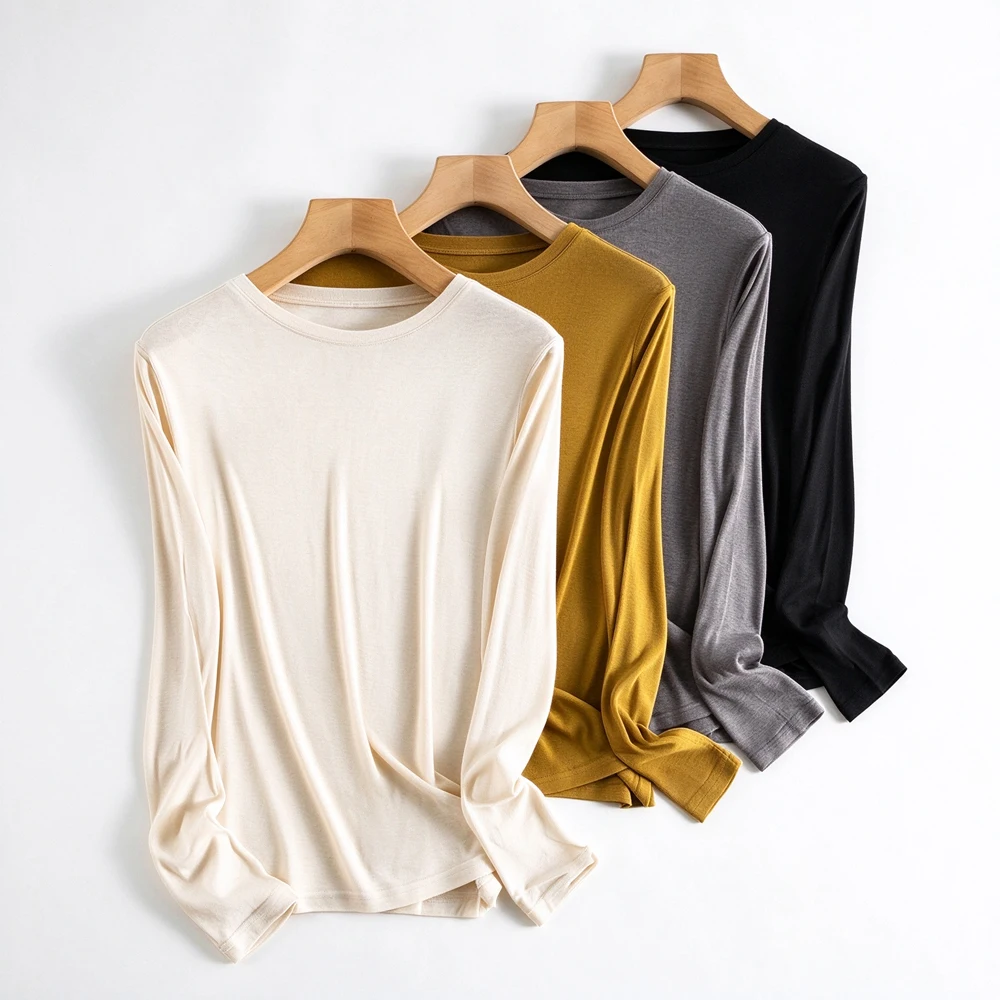 Women's Autumn New Natural Mulberry Silk Lyocell Blended Round Neck Long Sleeve French Elegant Slimming Interior Bottom Shirt