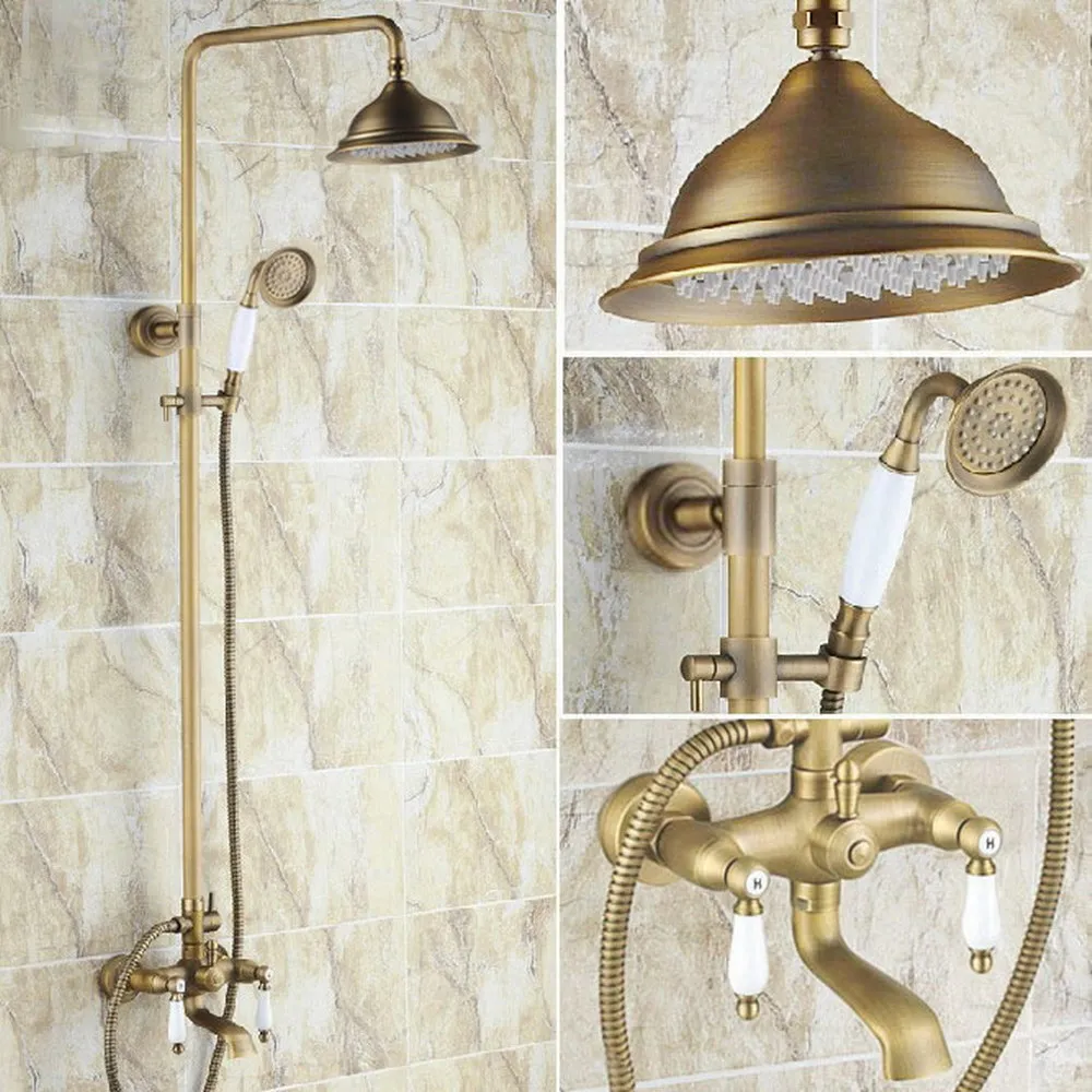 Antique Brass Two Ceramic Handle Bathroom Rain Shower Faucet Set Tub Mixer Tap + 8.2