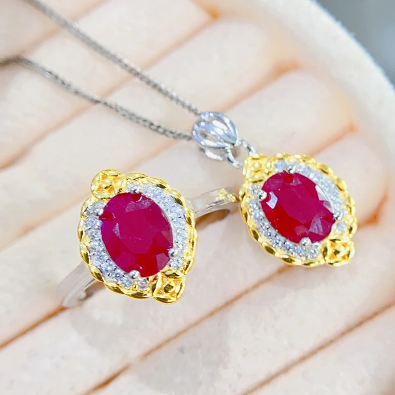 Natural Ruby jewelry sets for women rings pendant silver 925  luxury gem stones 18k gold plated free shiping items