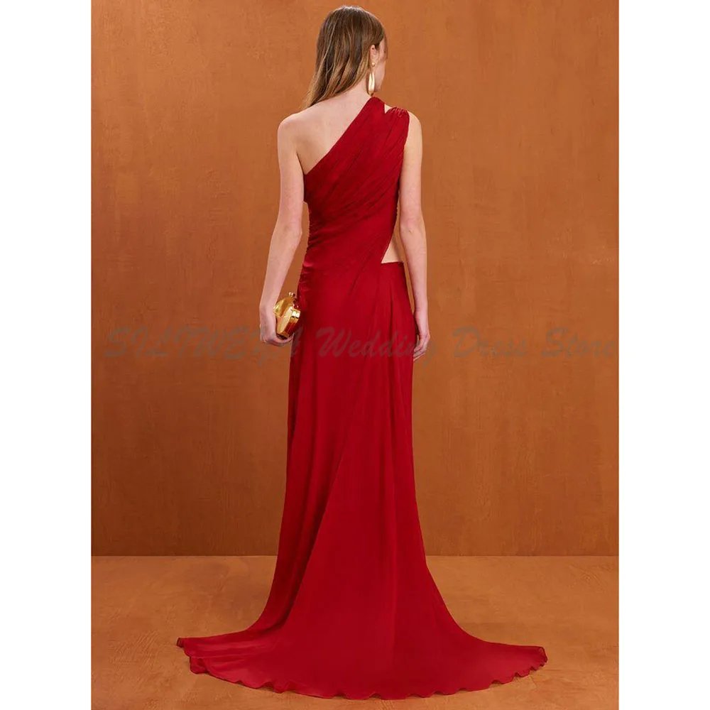 Vestidos de Noche rojos para mujer, un hombro con ventilación, espalda descubierta, tren capilla, alta calidad, largo hasta el suelo, sin mangas, para banquete, fiesta y graduación