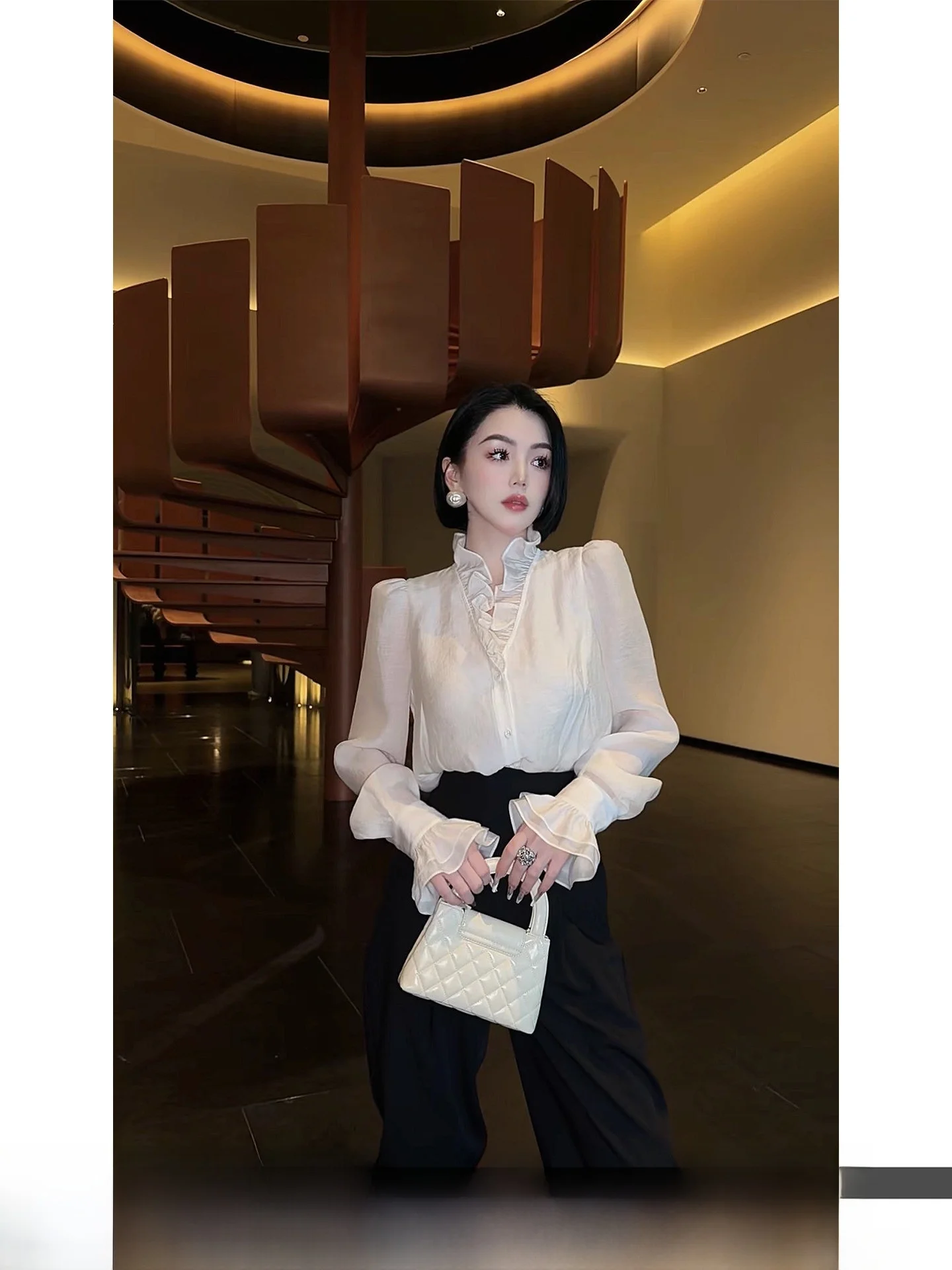 

Milan Morning Light White Women's irt 2026 New Spring Loose Fit Long Sve French Sle Polyester Rayon Blend Top