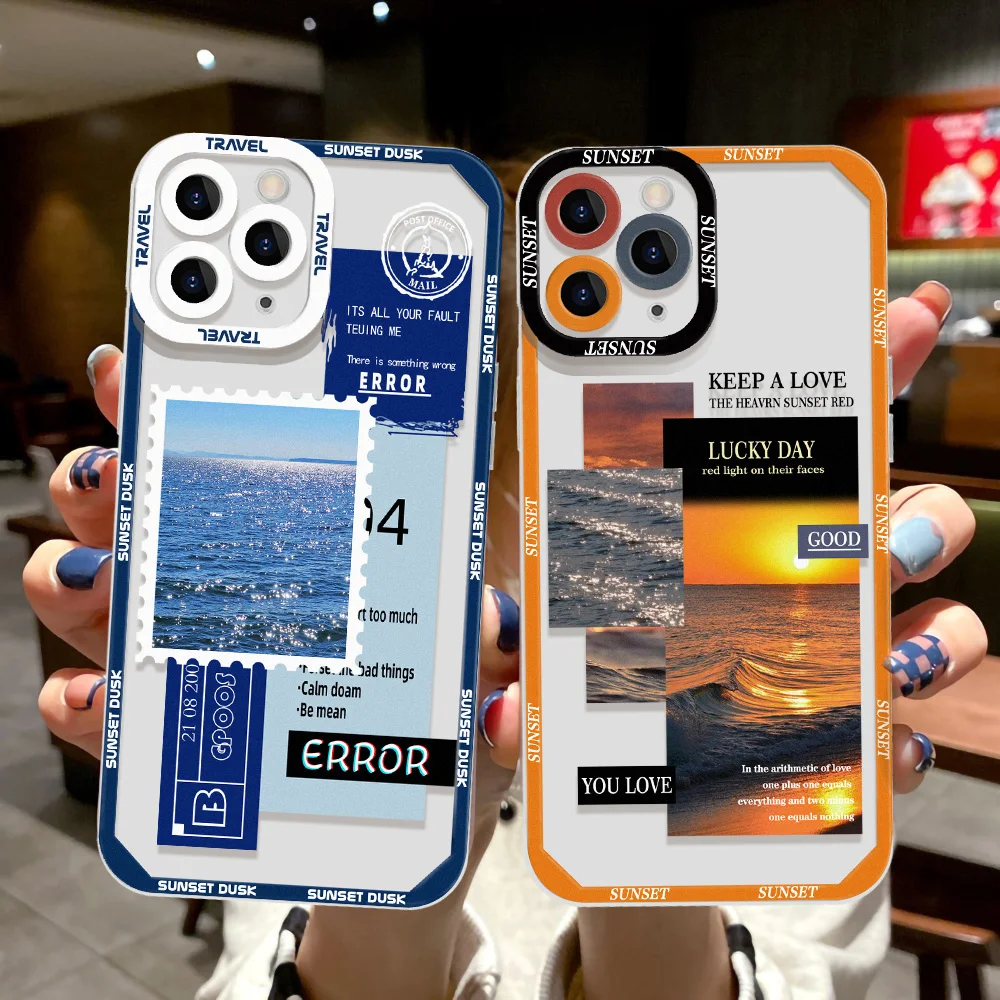 Phone Case For iPhone 11 Case iPhone 12 15 13 16 14 Pro Max Mini XR XS X 7 8 Plus SE SE3 Transparent Landscape Stamp Label Cover