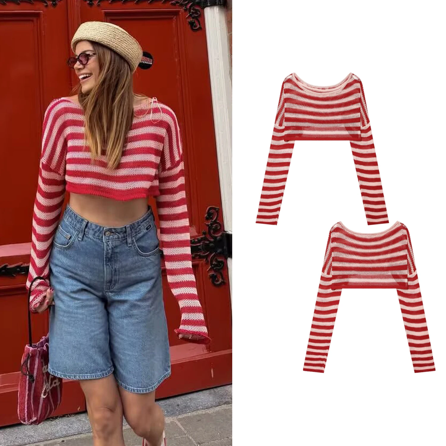 Women's Red Striped Cropped Jumper Short Tops Summer New Female Casual Boat-Neck Long Sleeve Knit Sweater Lady Chic Sexy Tops