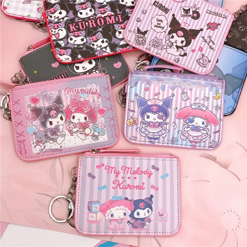 Tarjetero de cuero Pu con dibujos animados Kuromi Sanrio, llavero para estudiantes, monedero