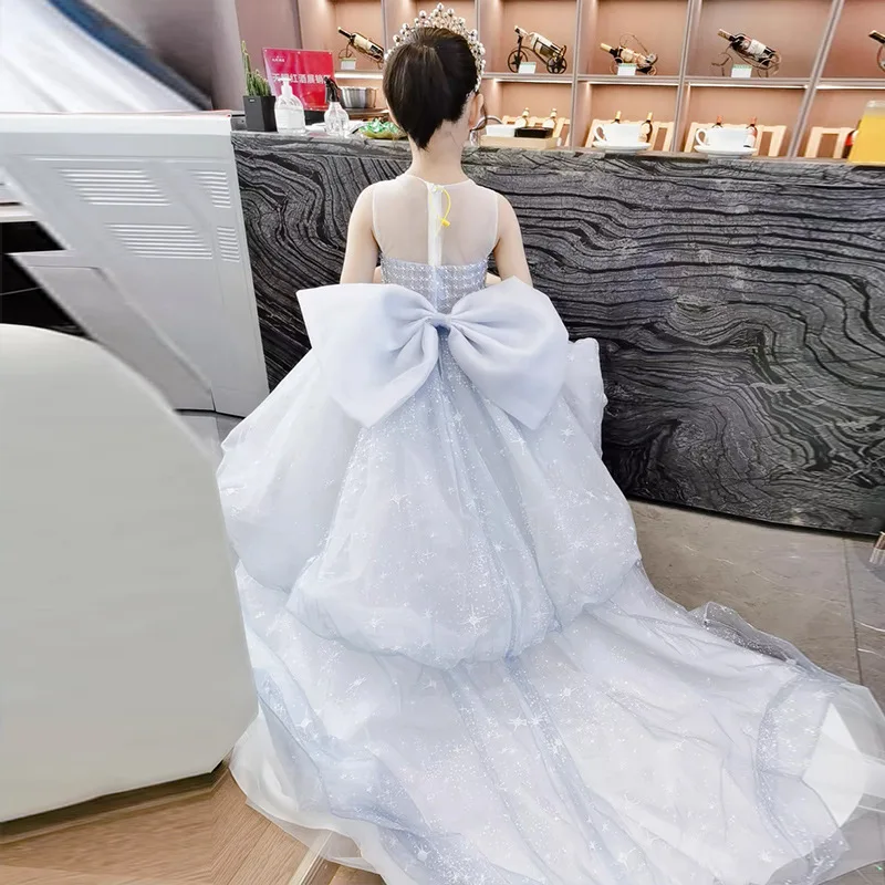 

Children's Dress 2025 Girls Blue Strapless Model Show Tail Princess Dress Little Girl Piano Performance Dress