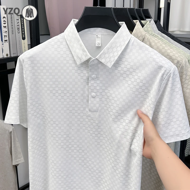 Outdoor leisure short sleeve polo male full hollow lattice woven fabric sweat resistant slim fit office basic garment