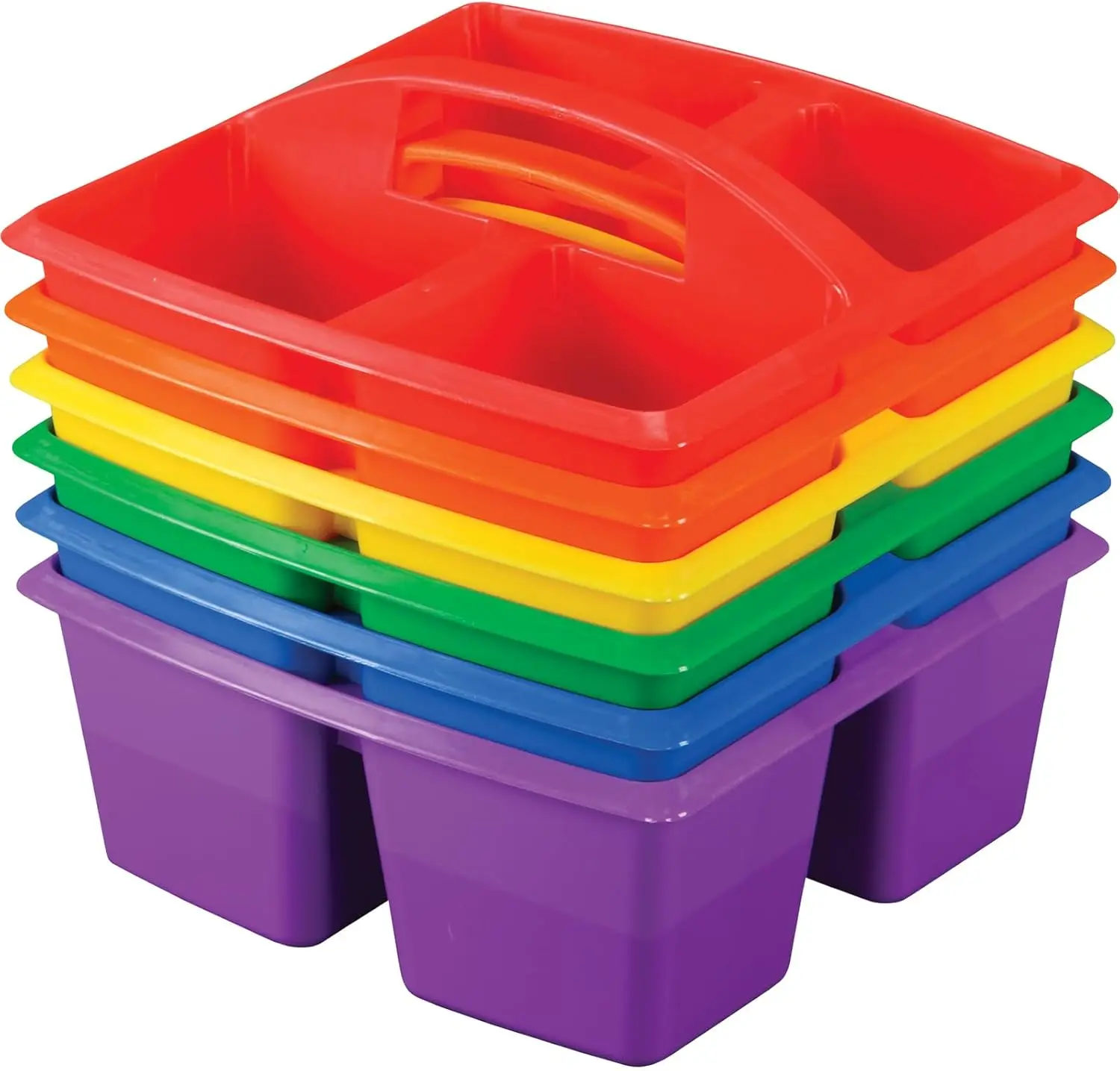 

Set of 6 Stackable Plastic Caddies with 4 Compartments and Handles, Assorted Colors for Classroom or Home Storage