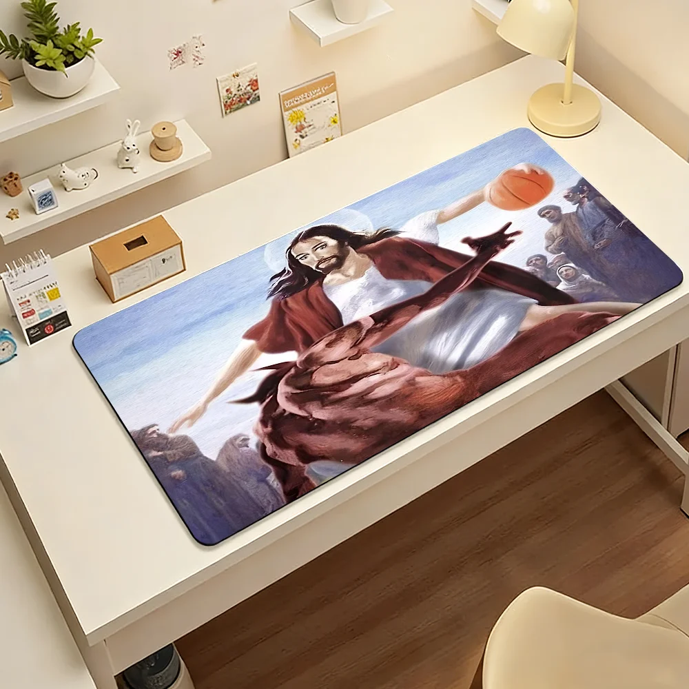 Hilarious Jesus vs Satan Basketball Mouse Pad Large Non-Slip Waterproof Mat Stitched Edge Keyboard Pad for Gaming Daily Office