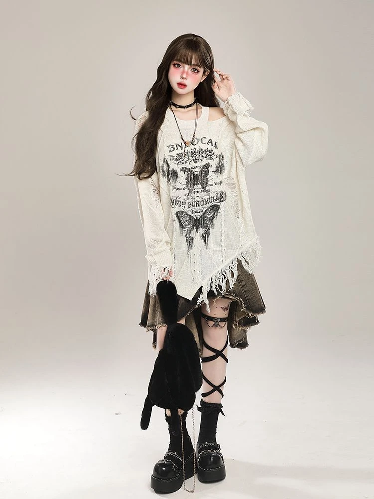 Harajuku Vintage Grungeผีเสื้อพิมพ์เสื้อกันหนาวผู้หญิงY2kความงามHollow Outจัมเปอร์Streetwearไม่สม่ําเสมอTassels Pullovers