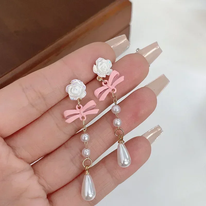 Sweet Pink Bow Jewelry Elegant Pearl Long Tassel White Rose Flower Earrings Women Fashion Earrings