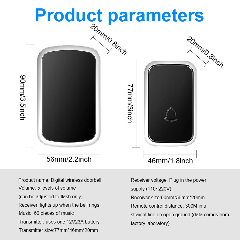 EU US Plug Wireless DoorBell Home Welcome Samrt Door Bell 300M Range 60 Songs 5-Volume Outdoor Waterproof Door Chime Kit